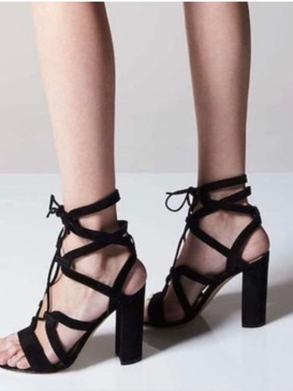 Gianvito Rossi Black Suede Cutout Lace-Up Strappy Block Heels 38.5 fit US 8